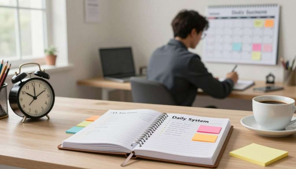 A serene workspace designed to illustrate time management strategies with a focus on overcoming procrastination. In the foreground, a neatly organized desk displays a stylish planner, a ticking clock, and a coffee cup. On the desk, open to a page titled “Daily System,” colorful sticky notes are placed, with bullet points about time-blocking and short tasks. The middle ground features a focused individual in professional attire, thoughtfully writing in the planner while looking at a wall calendar filled with reminders and motivational quotes. In the background, bright natural light filters in through a window, enhancing the positive and productive ambiance of the space. The image should evoke a sense of calm determination and inspiration for productivity, composed with a warm and inviting color palette. A serene workspace designed to illustrate time management strategies with a focus on overcoming procrastination. In the foreground, a neatly organized desk displays a stylish planner, a ticking clock, and a coffee cup. On the desk, open to a page titled “Daily System,” colorful sticky notes are placed, with bullet points about time-blocking and short tasks. The middle ground features a focused individual in professional attire, thoughtfully writing in the planner while looking at a wall calendar filled with reminders and motivational quotes. In the background, bright natural light filters in through a window, enhancing the positive and productive ambiance of the space. The image should evoke a sense of calm determination and inspiration for productivity, composed with a warm and inviting color palette.