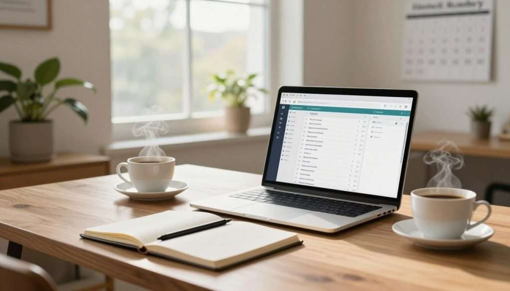 A serene workspace illustrating productivity tips, featuring a wooden desk with a sleek laptop open to a digital task list. In the foreground, a neatly organized notebook and a stylus lie beside a cup of steaming coffee, signifying focus and clarity. The middle of the image showcases a large window allowing natural light to flood the room, enhancing the inviting atmosphere, while indoor plants add a touch of freshness. The background has a motivational calendar on the wall, highlighting essential productivity rules. The entire scene is bathed in soft, warm lighting, creating a calm yet energizing mood, as viewed from a slight angle to capture depth and detail. No human figures are present, allowing viewers to project themselves into this productivity-focused space. A serene workspace illustrating productivity tips, featuring a wooden desk with a sleek laptop open to a digital task list. In the foreground, a neatly organized notebook and a stylus lie beside a cup of steaming coffee, signifying focus and clarity. The middle of the image showcases a large window allowing natural light to flood the room, enhancing the inviting atmosphere, while indoor plants add a touch of freshness. The background has a motivational calendar on the wall, highlighting essential productivity rules. The entire scene is bathed in soft, warm lighting, creating a calm yet energizing mood, as viewed from a slight angle to capture depth and detail. No human figures are present, allowing viewers to project themselves into this productivity-focused space.