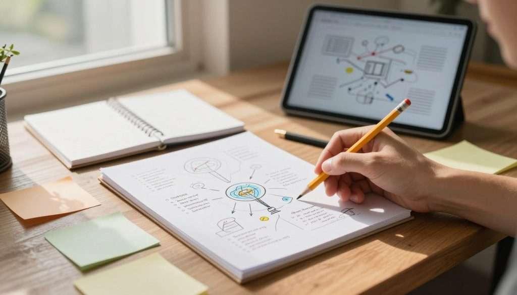 A small, intricate test plan lies on a wooden desk, surrounded by colorful notes and sketches, representing a creative idea being transformed into a practical solution. In the foreground, a hand reaches out, holding a pencil, poised to write. The middle ground features a notepad filled with diagrams and bullet points, alongside a digital tablet displaying a mind map. In the background, a window lets in soft, natural light, casting gentle shadows that create a warm, inviting atmosphere. The scene is framed with a slight tilt, adding a dynamic feel, while the overall mood captures a sense of inspiration and innovation in a modern workspace.