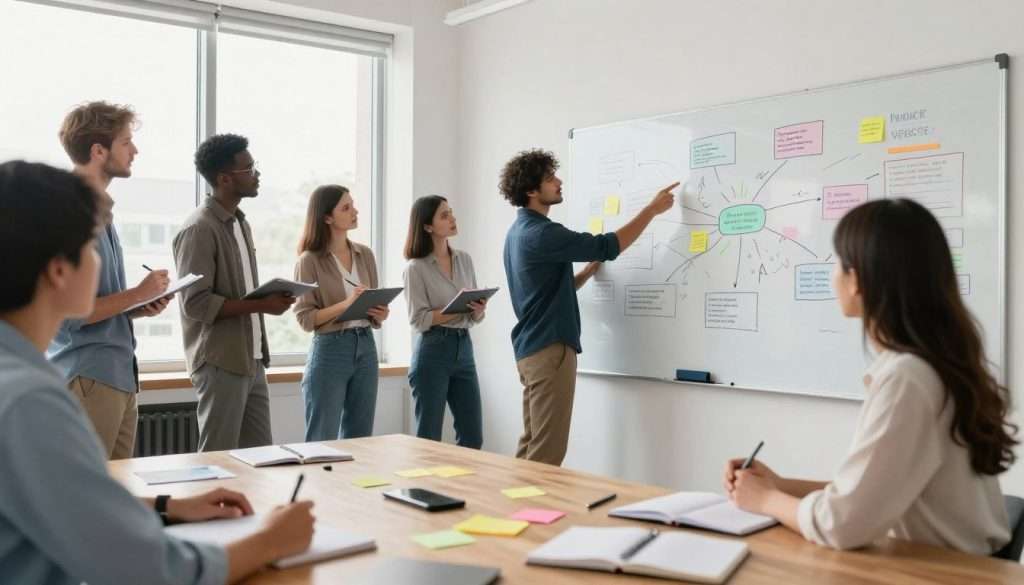 A spacious modern office setting with a large whiteboard filled with colorful mind maps and brainstorming notes. In the foreground, a wooden table is scattered with notebooks, colorful sticky notes, and pens, hinting at a collaborative atmosphere. In the middle, a diverse group of professionals in casual business attire are engaged in a lively discussion, pointing at the whiteboard and taking notes, reflecting a sense of teamwork and creativity. The background showcases large windows allowing natural light to flood the room, creating an inviting and productive environment. The overall mood is energetic and inspiring, emphasizing innovative thinking and problem-solving, captured with a soft-focus lens to highlight the brainstorming session.