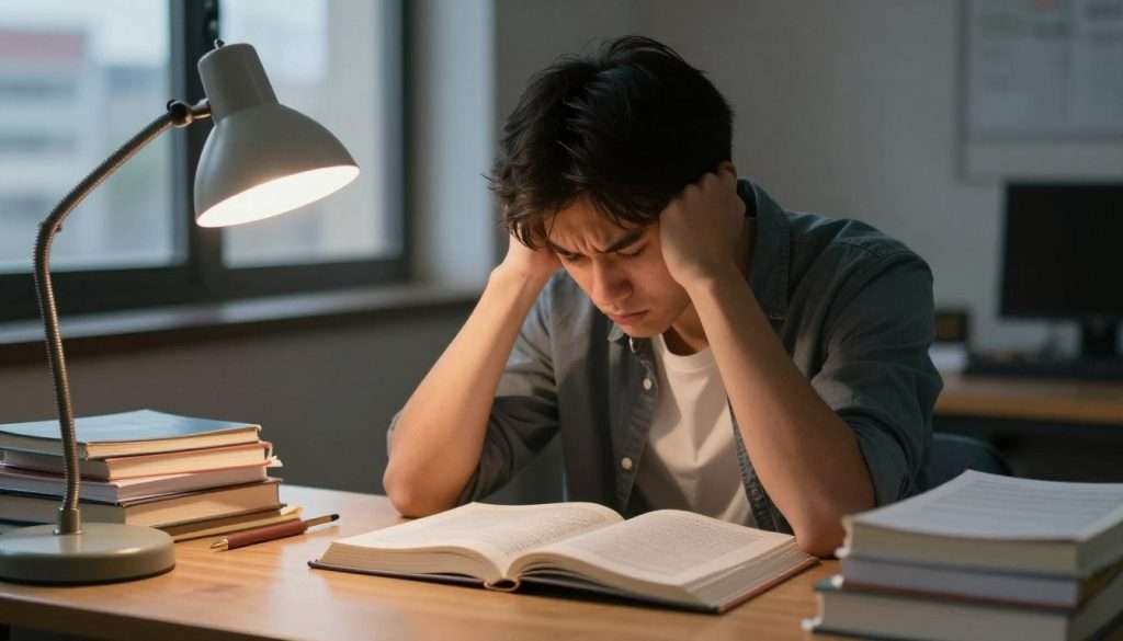 A stressed student sits at a cluttered wooden desk, surrounded by scattered notebooks and textbooks. Their brow is slightly furrowed as they reread a paragraph from an open book, eyes unfocused. The desk is illuminated by a warm, soft light coming from a nearby desk lamp, creating an intimate yet tense atmosphere. In the background, a window reveals the blurry outline of a cityscape, hinting at a busy life outside, contrasting with the student's struggle to concentrate. The camera is positioned at eye level, capturing the student's slight sigh of frustration. The overall mood reflects the impact of stress on cognition, emphasizing the challenge of maintaining focus amidst overwhelming academic pressure.