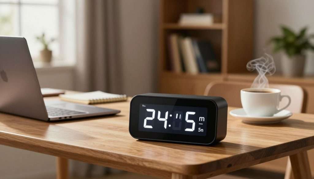 A stylish study timer prominently displayed in the foreground, with a clear, easy-to-read digital interface showing a 24-minute work interval and a 5-minute break countdown. The timer has a modern design, featuring a sleek black body and bright LED numbers. In the middle ground, an elegant wooden desk hosts a neatly organized workspace with a laptop, a notepad, and a steaming cup of coffee, suggesting productivity. The background features a softly lit room with a warm atmosphere, including a cozy bookshelf and a potted plant, contributing to a focused environment. Natural light filters through a nearby window, casting soft shadows, and creating a feeling of calm and motivation. The mood should be inspiring and professional, ideal for promoting effective time management strategies.