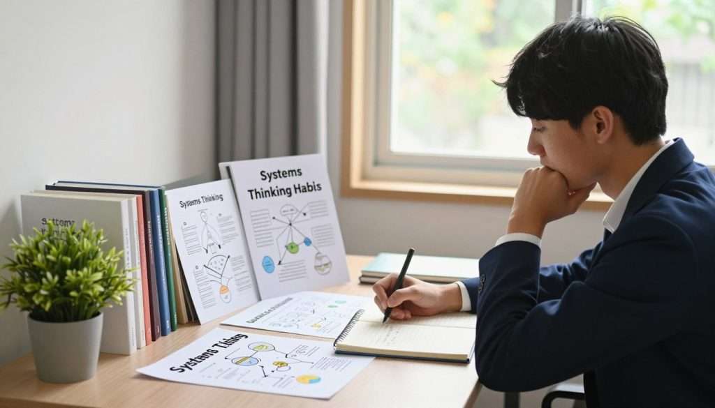 A thoughtful student sits at a well-organized desk, deep in reflection on five key systems thinking habits. In the foreground, the student, a young adult wearing professional attire, writes notes on a notepad. The middle ground features a neatly arranged array of books on systems thinking, diagrams illustrating complex concepts, and a small potted plant for a touch of nature. The background shows a large window allowing warm, natural light to stream into the room, enhancing the atmosphere of contemplation and focus. The mood is serene yet intellectually stimulating, inviting the viewer to appreciate the depth of systems thinking and its practical applications. The scene captures an intimate moment of learning and discovery, evoking inspiration for tackling complex problems.