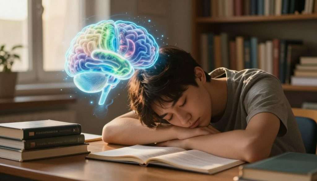 A tired student in modest casual attire sits at a desk, head resting on folded arms, surrounded by books and notes. Their closed eyes suggest deep relaxation, while a soft, golden light illuminates their face, highlighting a serene expression. In the middle ground, ethereal wisps of light swirl around, visually representing the brain actively processing memories—glistening ideas evoking vibrant colors like blue and green. The background features a cozy study environment, with shelves filled with books and a warm-toned window that hints at a setting sun, casting long shadows. The overall mood is tranquil and reflective, capturing the essence of a mind assimilating knowledge after a studying session, emphasizing the concept of neuroplasticity in the learning process. A tired student in modest casual attire sits at a desk, head resting on folded arms, surrounded by books and notes. Their closed eyes suggest deep relaxation, while a soft, golden light illuminates their face, highlighting a serene expression. In the middle ground, ethereal wisps of light swirl around, visually representing the brain actively processing memories—glistening ideas evoking vibrant colors like blue and green. The background features a cozy study environment, with shelves filled with books and a warm-toned window that hints at a setting sun, casting long shadows. The overall mood is tranquil and reflective, capturing the essence of a mind assimilating knowledge after a studying session, emphasizing the concept of neuroplasticity in the learning process.