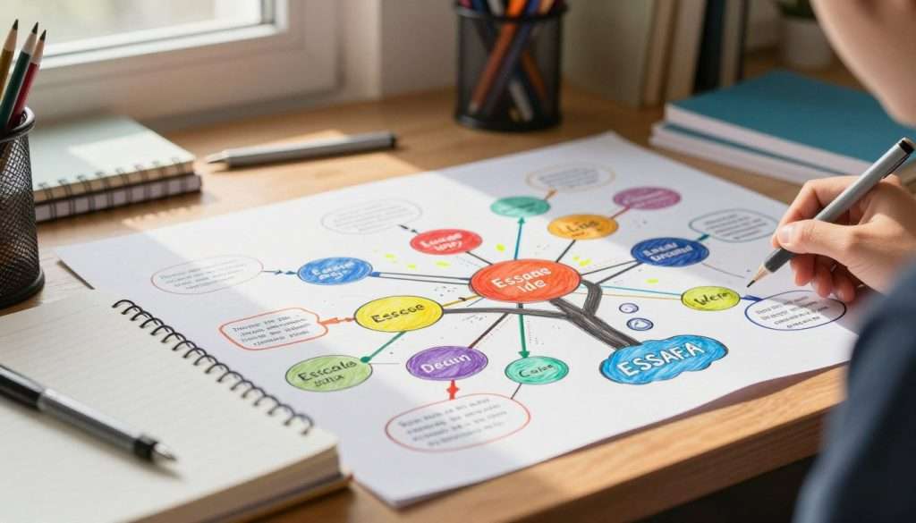 A vibrant and intricate mind map spread across a student's desk, showcasing various colorful essay ideas branching out like a tree. The foreground features a thoughtfully arranged stack of notebooks and pens, creating a study-friendly atmosphere. In the middle, a diverse array of interconnected ideas illustrated by bright nodes with lines connecting them, reflecting the student's thought process. The background is softly blurred to emphasize the mind map while hinting at a cozy study room with warm lighting filtering through a window, casting gentle shadows. The overall mood is inspiring and focused, capturing the essence of organization and creativity.