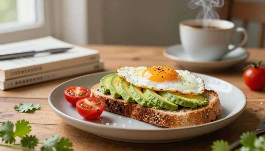 A vibrant breakfast scene featuring a beautifully plated slice of toasted whole grain bread topped with perfectly ripe avocado, creamy and sliced in fanned layers. Soft, sunny-side-up eggs sit atop the avocado, with a sprinkle of sea salt and a dash of cracked black pepper. The foreground showcases this colorful meal with fresh garnishes of cherry tomatoes, and a few sprigs of cilantro for a touch of green. In the middle, a wooden table adds warmth, while a stylish ceramic plate enhances the visual appeal. The background includes a soft-focus glimpse of a cozy study corner, with books and a steaming cup of coffee, illuminated by gentle, natural light streaming in from a nearby window, evoking a calm and focused atmosphere perfect for a study day. A vibrant breakfast scene featuring a beautifully plated slice of toasted whole grain bread topped with perfectly ripe avocado, creamy and sliced in fanned layers. Soft, sunny-side-up eggs sit atop the avocado, with a sprinkle of sea salt and a dash of cracked black pepper. The foreground showcases this colorful meal with fresh garnishes of cherry tomatoes, and a few sprigs of cilantro for a touch of green. In the middle, a wooden table adds warmth, while a stylish ceramic plate enhances the visual appeal. The background includes a soft-focus glimpse of a cozy study corner, with books and a steaming cup of coffee, illuminated by gentle, natural light streaming in from a nearby window, evoking a calm and focused atmosphere perfect for a study day.