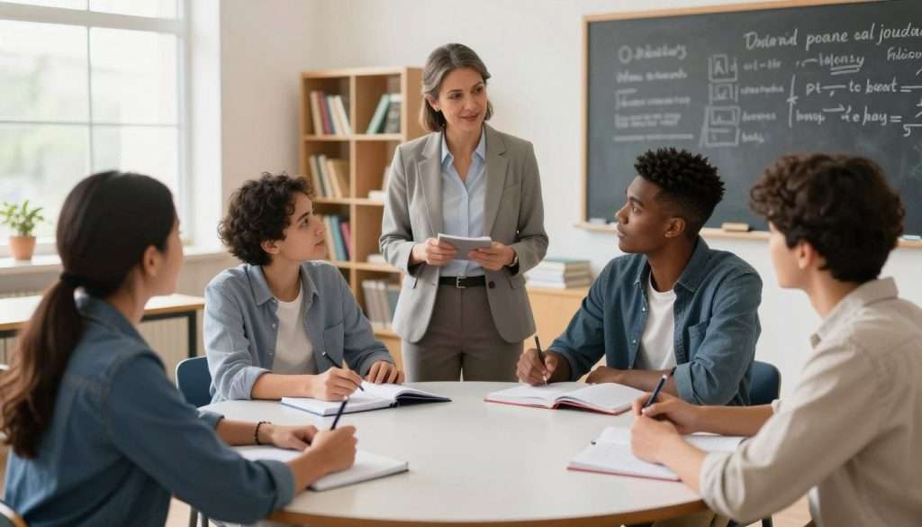 A vibrant classroom scene depicting diverse students engaged in a dynamic discussion. In the foreground, a group of three students, two males and one female, are seated at a round table, equipped with notebooks and pens, animatedly citing story details from their texts. They are dressed in professional casual attire, reflecting a learning environment. In the middle ground, a teacher, a middle-aged woman in business casual clothing, listens intently with a welcoming expression, ready to facilitate the discussion. The background features shelves lined with books, a chalkboard filled with notes, and large windows allowing warm, natural light to flood the room, creating an inviting atmosphere. The overall mood is collaborative and intellectually stimulating, emphasizing the spirit of inquiry that embodies the Socratic method.