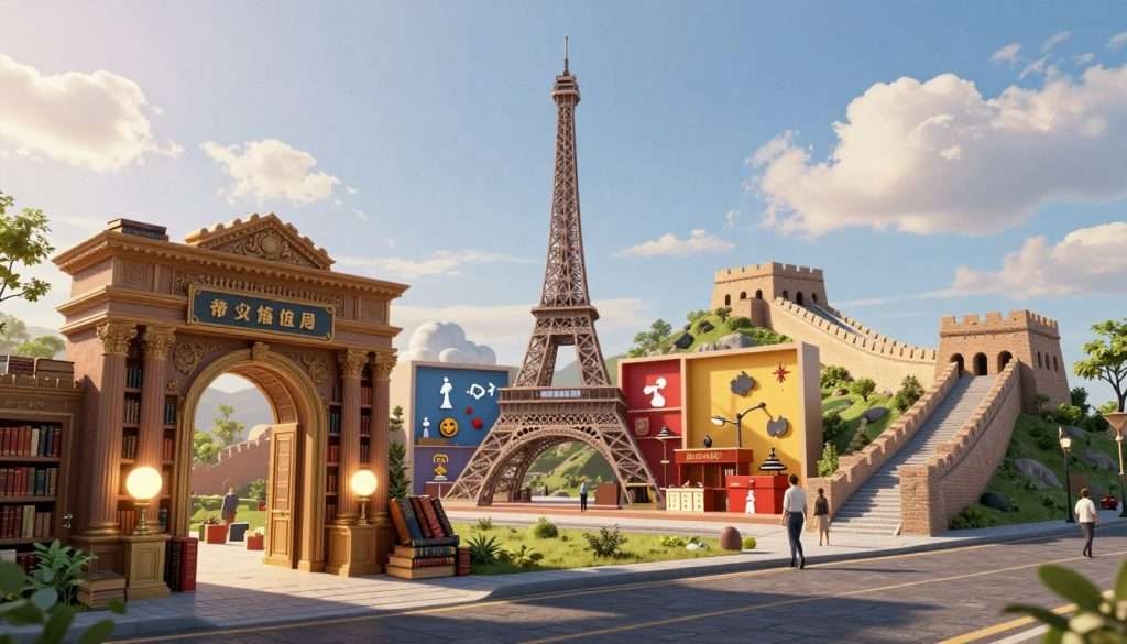 A vibrant virtual street view depicting a memory palace, showcasing famous landmarks arranged as rooms for mental imagery. In the foreground, an intricately designed entrance resembling a grand library symbolizes knowledge, adorned with ancient books and glowing orbs. The middle ground features iconic structures like the Eiffel Tower and the Great Wall of China, each transformed into colorful, imaginative rooms filled with symbols and cues to aid memory retention. The background includes a serene blue sky with soft, fluffy clouds, creating a tranquil atmosphere. The scene is illuminated by warm sunlight, casting gentle shadows, and the angle captures the perspective of someone walking through this imaginative landscape, inviting viewers to explore the connection between memory and imaginative spaces.