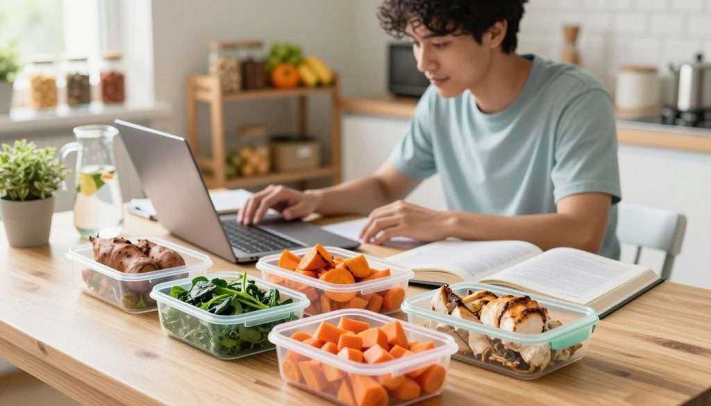 A vibrant, well-organized meal prep scene on a wooden kitchen table set in natural lighting. In the foreground, colorful meal prep containers filled with nutritious foods: bright green spinach, roasted sweet potatoes, chopped carrots, and grilled chicken, neatly arranged. In the middle ground, a busy student, a young adult in casual, modest clothing, is studying with a laptop open, surrounded by textbooks and notes, looking focused and energetic. In the background, a shelf filled with jars of nuts and fruits, and a pitcher of infused water. The atmosphere is bright and optimistic, emphasizing balance and healthy habits, suitable for a productive exam week. Soft daylight filters through a window, casting gentle shadows, creating an inviting ambiance. A vibrant, well-organized meal prep scene on a wooden kitchen table set in natural lighting. In the foreground, colorful meal prep containers filled with nutritious foods: bright green spinach, roasted sweet potatoes, chopped carrots, and grilled chicken, neatly arranged. In the middle ground, a busy student, a young adult in casual, modest clothing, is studying with a laptop open, surrounded by textbooks and notes, looking focused and energetic. In the background, a shelf filled with jars of nuts and fruits, and a pitcher of infused water. The atmosphere is bright and optimistic, emphasizing balance and healthy habits, suitable for a productive exam week. Soft daylight filters through a window, casting gentle shadows, creating an inviting ambiance.