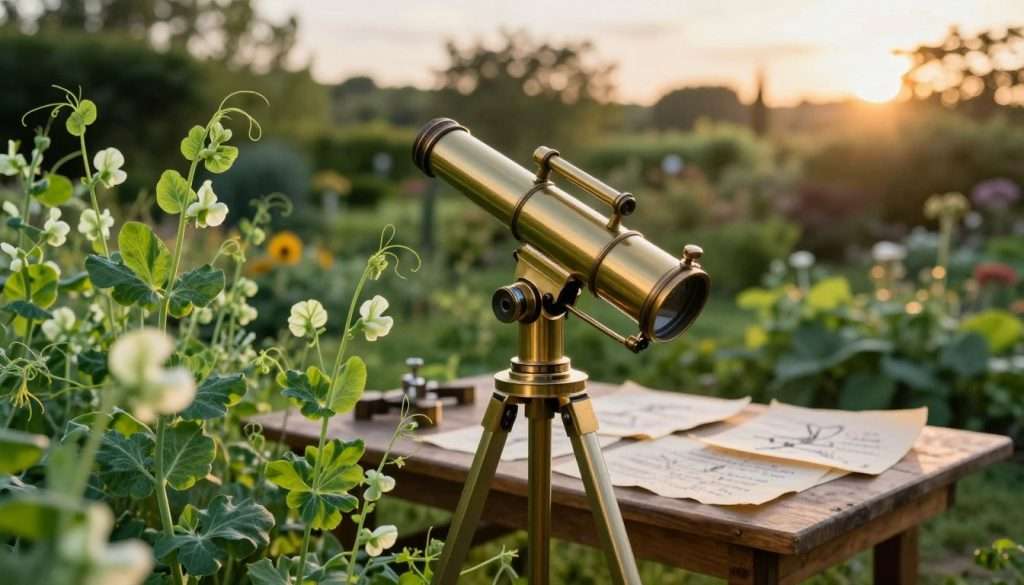 A vintage telescope stands prominently in the foreground, its polished brass and intricate design catching the soft glow of warm afternoon sunlight. Surrounding it are lush, vibrant pea plants, their green vines spiraling upwards, symbolizing growth and the evolution of scientific thought. In the middle ground, a wooden table displays scattered old papers filled with sketches and handwritten notes, hinting at groundbreaking ideas. The background features a peaceful garden scene with subtle hints of a sunset, casting long shadows and creating a reflective atmosphere. The composition conveys a sense of wonder and intellectual curiosity, inviting viewers to explore the connection between observation and discovery in science. The scene is rendered in realistic detail with a shallow depth of field, focusing on the telescope and plants, leaving the background softly blurred. A vintage telescope stands prominently in the foreground, its polished brass and intricate design catching the soft glow of warm afternoon sunlight. Surrounding it are lush, vibrant pea plants, their green vines spiraling upwards, symbolizing growth and the evolution of scientific thought. In the middle ground, a wooden table displays scattered old papers filled with sketches and handwritten notes, hinting at groundbreaking ideas. The background features a peaceful garden scene with subtle hints of a sunset, casting long shadows and creating a reflective atmosphere. The composition conveys a sense of wonder and intellectual curiosity, inviting viewers to explore the connection between observation and discovery in science. The scene is rendered in realistic detail with a shallow depth of field, focusing on the telescope and plants, leaving the background softly blurred.