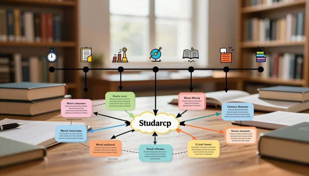 A visually engaging and informative image portraying a timeline and flowchart designed to connect study information for visual learners. In the foreground, a vibrant, colorful flowchart displaying various study techniques, such as mind mapping and visual aids, intricately linked by arrows. The middle ground features a timeline highlighting significant milestones in a typical study journey, marked with icons representing achievements and learning phases. The background showcases a soft-focus library or study environment filled with books and study materials, illuminated by warm, natural light streaming through a window. The atmosphere is focused and inspiring, encouraging productive study habits and emphasizing the importance of visual organization in learning. No text or distractions present.