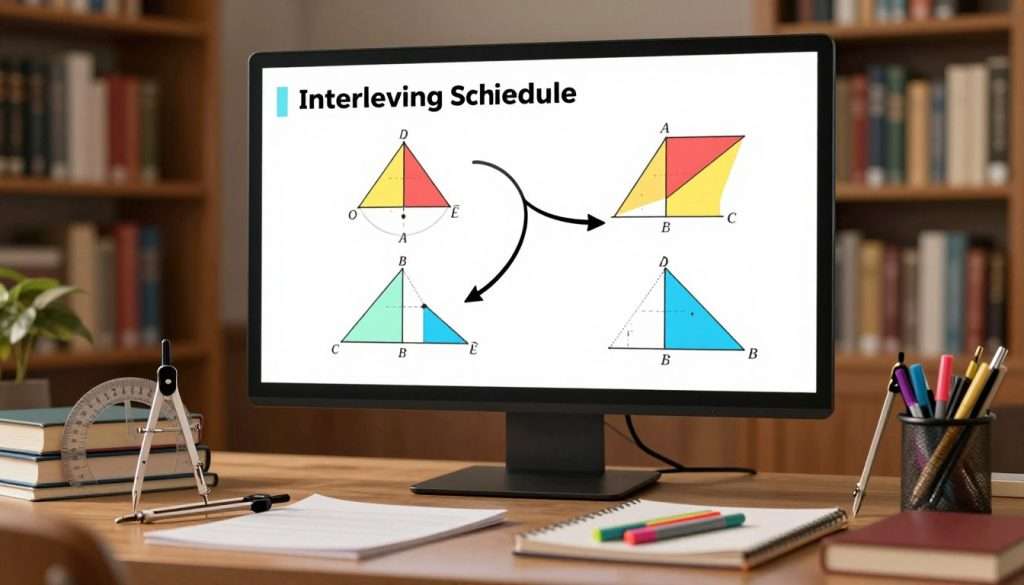 A visually engaging study schedule slide illustrating the concepts of algebra and geometry rotations. In the foreground, a neatly arranged desk cluttered with a pair of compasses, a geometric protractor, and colorful markers. The middle layer features a large screen displaying vibrant graphs and shapes representing algebraic equations, with arrows depicting rotations in a dynamic manner. The background features a soft-focus library filled with books on mathematics, illuminated by warm, inviting lighting, creating a calm study atmosphere. The perspective is slightly angled to emphasize the screen while capturing the essence of a productive learning environment, evoking motivation and focus in tackling interleaving strategies for improved learning and problem-solving. A visually engaging study schedule slide illustrating the concepts of algebra and geometry rotations. In the foreground, a neatly arranged desk cluttered with a pair of compasses, a geometric protractor, and colorful markers. The middle layer features a large screen displaying vibrant graphs and shapes representing algebraic equations, with arrows depicting rotations in a dynamic manner. The background features a soft-focus library filled with books on mathematics, illuminated by warm, inviting lighting, creating a calm study atmosphere. The perspective is slightly angled to emphasize the screen while capturing the essence of a productive learning environment, evoking motivation and focus in tackling interleaving strategies for improved learning and problem-solving.
