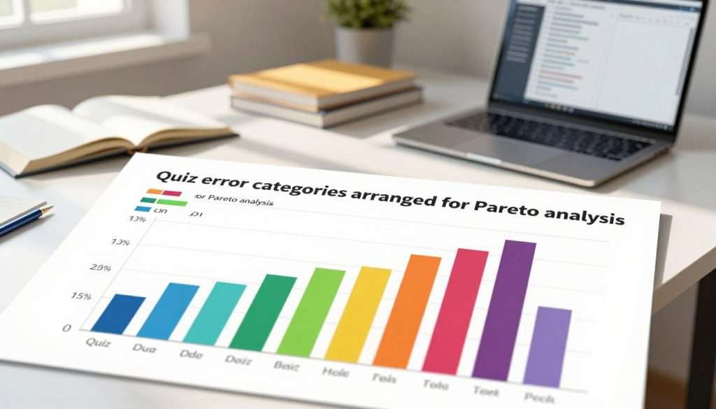 A visually informative illustration depicting "Quiz error categories arranged for Pareto analysis." In the foreground, an organized chart with colorful bars representing different error categories, labeled with vibrant colors, showing varying heights to emphasize their frequencies. In the middle background, a subtle representation of a classroom or study environment, featuring a modern desk with learning materials scattered about—books, notebooks, and a laptop showcasing data analysis tools. The overall atmosphere should convey a sense of focused learning and productivity. Soft, natural lighting streams in from a window, casting gentle shadows, while the camera angle is slightly tilted to capture depth and organization of elements, inviting viewers to engage with the concept. A visually informative illustration depicting "Quiz error categories arranged for Pareto analysis." In the foreground, an organized chart with colorful bars representing different error categories, labeled with vibrant colors, showing varying heights to emphasize their frequencies. In the middle background, a subtle representation of a classroom or study environment, featuring a modern desk with learning materials scattered about—books, notebooks, and a laptop showcasing data analysis tools. The overall atmosphere should convey a sense of focused learning and productivity. Soft, natural lighting streams in from a window, casting gentle shadows, while the camera angle is slightly tilted to capture depth and organization of elements, inviting viewers to engage with the concept.