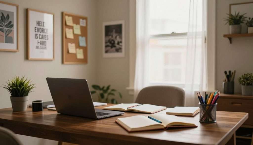 A warm and inviting study space, designed to inspire focus and creativity. In the foreground, a dark wooden desk is neatly arranged with a stylish laptop, open notebooks, and colorful stationery. A small potted plant adds a touch of greenery. In the middle, a cozy chair upholstered in soft fabric complements the desk. The walls are adorned with motivational art prints and a corkboard filled with important reminders and vision elements. The background features a large window with sheer curtains, allowing soft, natural light to filter in, illuminating the space. The atmosphere is calming yet stimulating, with warm light tones enhancing the sense of productivity. The camera captures this scene from a slight angle to convey depth and invite viewers into this ideal study environment. A warm and inviting study space, designed to inspire focus and creativity. In the foreground, a dark wooden desk is neatly arranged with a stylish laptop, open notebooks, and colorful stationery. A small potted plant adds a touch of greenery. In the middle, a cozy chair upholstered in soft fabric complements the desk. The walls are adorned with motivational art prints and a corkboard filled with important reminders and vision elements. The background features a large window with sheer curtains, allowing soft, natural light to filter in, illuminating the space. The atmosphere is calming yet stimulating, with warm light tones enhancing the sense of productivity. The camera captures this scene from a slight angle to convey depth and invite viewers into this ideal study environment.