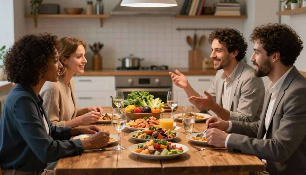A warm, inviting scene of friends gathered around a rustic wooden dining table, sharing a nourishing meal filled with vibrant, colorful dishes. In the foreground, a diverse group of three individuals—two men and one woman—engaged in animated conversation, wearing professional business attire that reflects their camaraderie. Soft, ambient lighting bathes the scene, creating a cozy atmosphere. In the middle ground, fresh ingredients and a beautifully arranged meal are displayed, emphasizing the theme of nourishment. The background features a softly blurred kitchen setting, with shelves of books and learning materials subtly hinting at the theme of conversation about learning. The overall mood is one of friendship, inspiration, and collaboration, capturing the essence of deep discussion and shared experiences around food. A warm, inviting scene of friends gathered around a rustic wooden dining table, sharing a nourishing meal filled with vibrant, colorful dishes. In the foreground, a diverse group of three individuals—two men and one woman—engaged in animated conversation, wearing professional business attire that reflects their camaraderie. Soft, ambient lighting bathes the scene, creating a cozy atmosphere. In the middle ground, fresh ingredients and a beautifully arranged meal are displayed, emphasizing the theme of nourishment. The background features a softly blurred kitchen setting, with shelves of books and learning materials subtly hinting at the theme of conversation about learning. The overall mood is one of friendship, inspiration, and collaboration, capturing the essence of deep discussion and shared experiences around food.