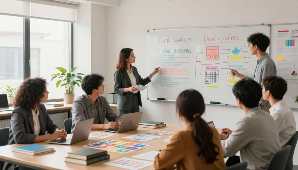 A well-lit study room filled with educational materials, including books on psychology, colorful flashcards, and visual aids like diagrams and illustrations. In the foreground, a diverse group of professionals dressed in smart casual attire collaboratively engaging with dual coding materials, expressing a sense of focus and creativity. The middle of the scene features a large whiteboard displaying common dual-coding mistakes, with colorful annotations in a clear, organized manner. In the background, large windows let in soft, natural light, creating a warm and inviting atmosphere. The room's design is modern and sleek, emphasizing a sense of innovation in teaching methodologies. The overall mood is productive and inspiring, highlighting the importance of effective learning techniques. A well-lit study room filled with educational materials, including books on psychology, colorful flashcards, and visual aids like diagrams and illustrations. In the foreground, a diverse group of professionals dressed in smart casual attire collaboratively engaging with dual coding materials, expressing a sense of focus and creativity. The middle of the scene features a large whiteboard displaying common dual-coding mistakes, with colorful annotations in a clear, organized manner. In the background, large windows let in soft, natural light, creating a warm and inviting atmosphere. The room's design is modern and sleek, emphasizing a sense of innovation in teaching methodologies. The overall mood is productive and inspiring, highlighting the importance of effective learning techniques.