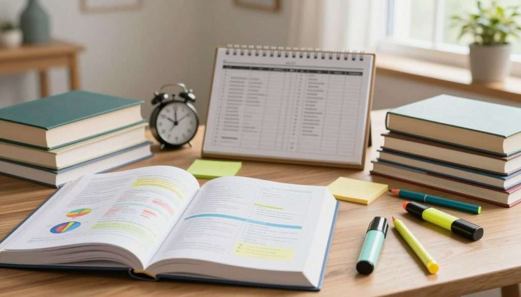 A well-organized study desk filled with textbooks and study materials, showcasing a detailed exam study plan on a clipboard. The foreground features an open textbook with colorful diagrams, sticky notes, and highlighters scattered around. In the middle, a neatly arranged planner highlights various study tasks and a Pomodoro timer. The background displays a warm, inviting study environment with soft natural light filtering in through a window, illuminating a potted plant. The overall atmosphere is calm and focused, encouraging productivity and mindfulness. No people are present in the scene, ensuring the focus remains on the study materials. The image should evoke a sense of organized preparation for exams and a balance of work and relaxation.