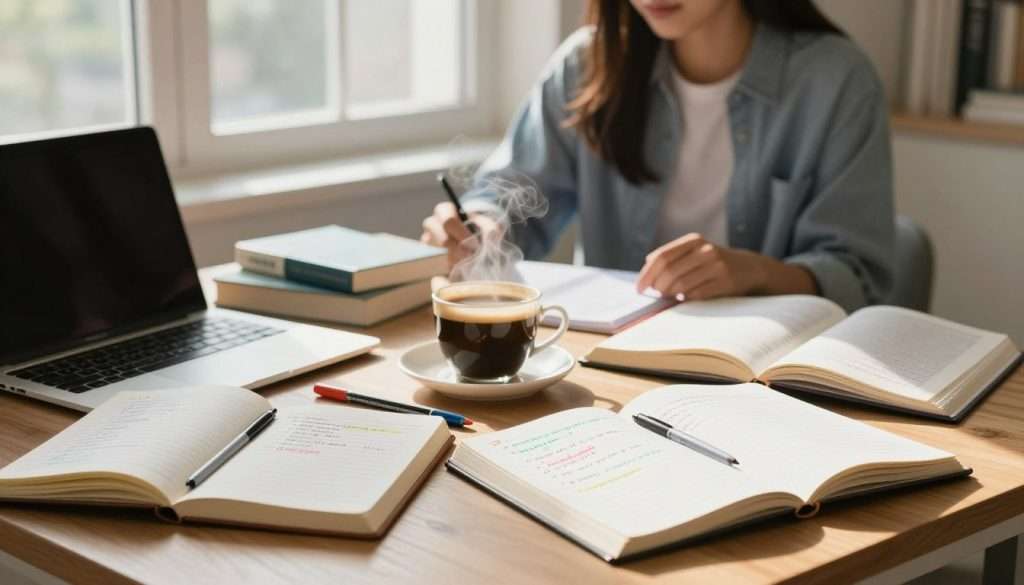 A well-organized study desk set against a softly lit room filled with warm light. In the foreground, an assortment of open notebooks filled with colorful notes and questions, neatly arranged next to a laptop and colored pens. In the middle, a cup of coffee emits a gentle steam, highlighting the cozy atmosphere. A few textbooks add depth, showcasing various study topics. In the background, a large window allows natural light to flood the room, casting soft shadows and creating a tranquil ambiance. The mood is focused and inviting, encouraging collaboration and concentration among friends studying together. The setting is neat and professional, with no distractions in the background, perfectly reflecting a dedicated study session. A well-organized study desk set against a softly lit room filled with warm light. In the foreground, an assortment of open notebooks filled with colorful notes and questions, neatly arranged next to a laptop and colored pens. In the middle, a cup of coffee emits a gentle steam, highlighting the cozy atmosphere. A few textbooks add depth, showcasing various study topics. In the background, a large window allows natural light to flood the room, casting soft shadows and creating a tranquil ambiance. The mood is focused and inviting, encouraging collaboration and concentration among friends studying together. The setting is neat and professional, with no distractions in the background, perfectly reflecting a dedicated study session.