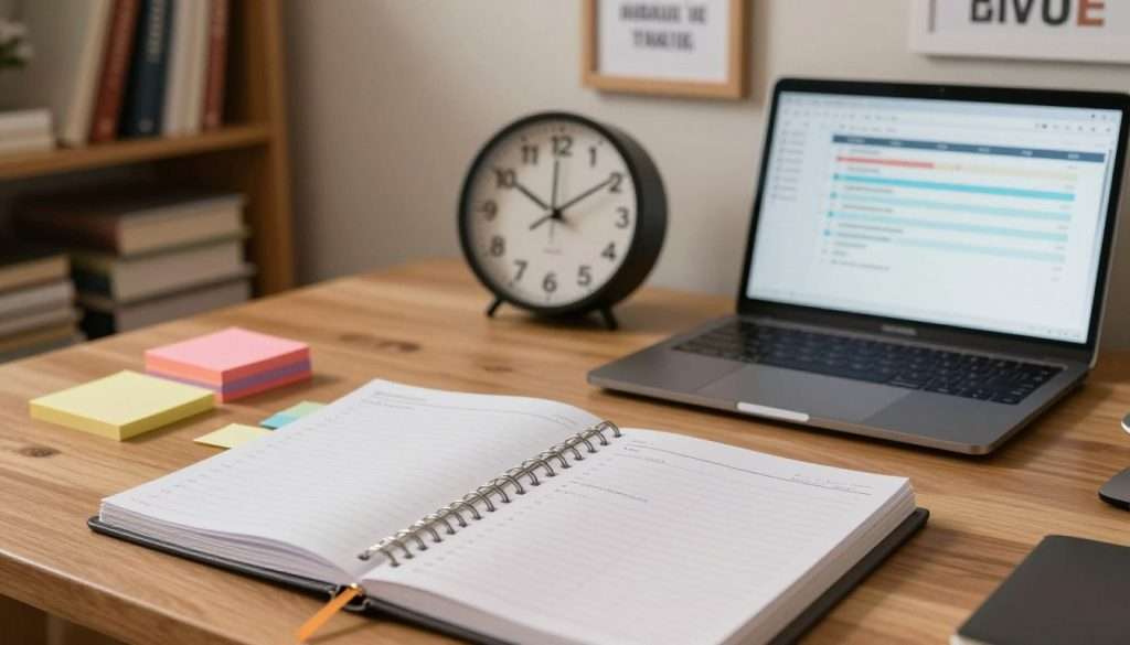 A well-organized study space illustrating time management strategies for students, featuring a wooden desk with a neatly arranged planner and colorful sticky notes. In the foreground, a close-up of a detailed weekly planner open to a filled-out schedule. In the middle, a stylish clock with clear numbers symbolizes time awareness, and nearby, a laptop displaying a project timeline enhances the scene. The background shows soft-focus bookshelves filled with textbooks and motivational quotes framed on the walls. The lighting is warm and inviting, creating a calm atmosphere ideal for studying. The angle is slightly overhead, capturing the entire workspace, emphasizing structure and clarity, inspiring effective time management techniques for students. A well-organized study space illustrating time management strategies for students, featuring a wooden desk with a neatly arranged planner and colorful sticky notes. In the foreground, a close-up of a detailed weekly planner open to a filled-out schedule. In the middle, a stylish clock with clear numbers symbolizes time awareness, and nearby, a laptop displaying a project timeline enhances the scene. The background shows soft-focus bookshelves filled with textbooks and motivational quotes framed on the walls. The lighting is warm and inviting, creating a calm atmosphere ideal for studying. The angle is slightly overhead, capturing the entire workspace, emphasizing structure and clarity, inspiring effective time management techniques for students.