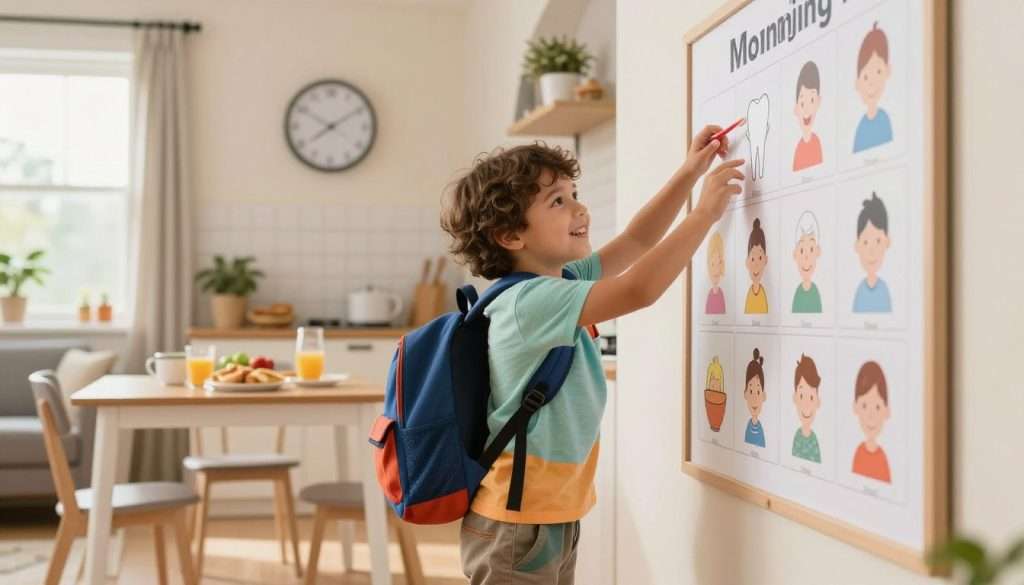 A young child, around 6 years old, eagerly following visual cues during a school morning routine. In the foreground, the child, with a bright smile, is dressed in a colorful t-shirt and shorts, reaching towards a large wall chart filled with simple icons representing the steps of the morning routine: brushing teeth, washing face, packing a backpack. In the middle ground, a well-lit kitchen setting features a clock indicating morning hours, with breakfast items arranged on the table. The background includes a cozy living room with a window letting in warm, natural light, enhancing the cheerful atmosphere. The scene captures a sense of motivation and excitement, framed with a slight upward angle to emphasize the child's enthusiasm for starting the day. A young child, around 6 years old, eagerly following visual cues during a school morning routine. In the foreground, the child, with a bright smile, is dressed in a colorful t-shirt and shorts, reaching towards a large wall chart filled with simple icons representing the steps of the morning routine: brushing teeth, washing face, packing a backpack. In the middle ground, a well-lit kitchen setting features a clock indicating morning hours, with breakfast items arranged on the table. The background includes a cozy living room with a window letting in warm, natural light, enhancing the cheerful atmosphere. The scene captures a sense of motivation and excitement, framed with a slight upward angle to emphasize the child's enthusiasm for starting the day.