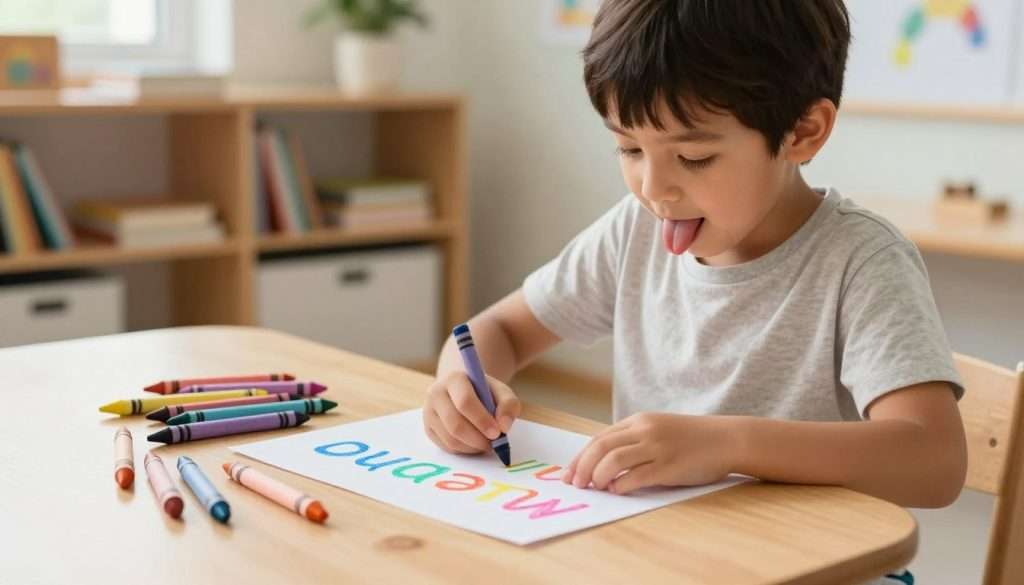 A young child, around 6 years old, is focused on forming lowercase letters with bright, colorful crayons on a piece of white paper. In the foreground, the child is seated at a wooden table, their tongue peeking out in concentration, wearing a simple, cozy t-shirt and shorts. The middle ground features scattered crayons in vibrant hues, and a few letters already sketched out in crayon on the paper. In the background, a well-lit, inviting classroom is visible, with shelves filled with books and educational materials, creating a warm and encouraging atmosphere. The soft natural light coming from a nearby window enhances the cheerful mood of the scene, emphasizing the joy of learning through handwriting.