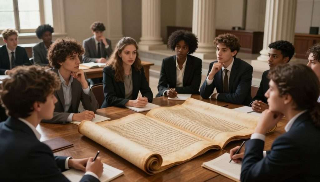 An ancient classroom filled with eager students engaged in a discussion inspired by Plato’s dialogues. In the foreground, a diverse group of students in professional attire, including men and women from various backgrounds, are animatedly debating, their faces reflecting curiosity and contemplation. In the middle, a large, scroll-like manuscript rests on a wooden table, inscribed with Greek text, symbolizing the philosophical ideas being explored. The background features a classical columned architecture with soft, warm lighting, creating an atmosphere of enlightenment and intellectual pursuit. Light filters through a window, casting gentle shadows that emphasize the students' engagement. Capture this moment from a slightly elevated angle, enhancing the sense of depth and inclusivity in the learning process. An ancient classroom filled with eager students engaged in a discussion inspired by Plato’s dialogues. In the foreground, a diverse group of students in professional attire, including men and women from various backgrounds, are animatedly debating, their faces reflecting curiosity and contemplation. In the middle, a large, scroll-like manuscript rests on a wooden table, inscribed with Greek text, symbolizing the philosophical ideas being explored. The background features a classical columned architecture with soft, warm lighting, creating an atmosphere of enlightenment and intellectual pursuit. Light filters through a window, casting gentle shadows that emphasize the students' engagement. Capture this moment from a slightly elevated angle, enhancing the sense of depth and inclusivity in the learning process.