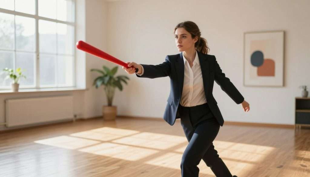 Louise, a focused and determined young woman, is carrying a bright red baton confidently through a spacious, brightly lit room. She is dressed in professional business attire, conveying a sense of purpose. The foreground features Louise in sharp detail, showcasing her expression of concentration as she navigates the space. The middle ground includes soft shadows created by large windows that allow warm sunlight to filter in, illuminating the polished wooden floor. In the background, minimalist decor enhances the sense of clarity, with potted plants and abstract art adding a touch of color. The overall atmosphere is one of motivation and success, emphasizing the importance of focus and memorization techniques. The image is taken from a slightly low angle, giving Louise a sense of empowerment as she moves forward.