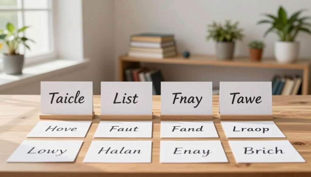 Twelve vocabulary words displayed in an organized manner, arranged in three distinct groups of four. The foreground features a wooden table with neatly written flashcards, each labeled with a vocabulary word in elegant script. In the middle, a bright, spacious room serves as the backdrop, with large windows allowing natural sunlight to stream in, casting soft shadows across the scene. On a nearby shelf, several books are stacked, suggesting a scholarly atmosphere. The background includes potted plants that add a touch of greenery and freshness to the setting. The overall mood is focused and studious, encouraging a sense of learning and retention. Capture this scene with a balanced composition, using soft, warm lighting that enhances clarity and vibrancy.